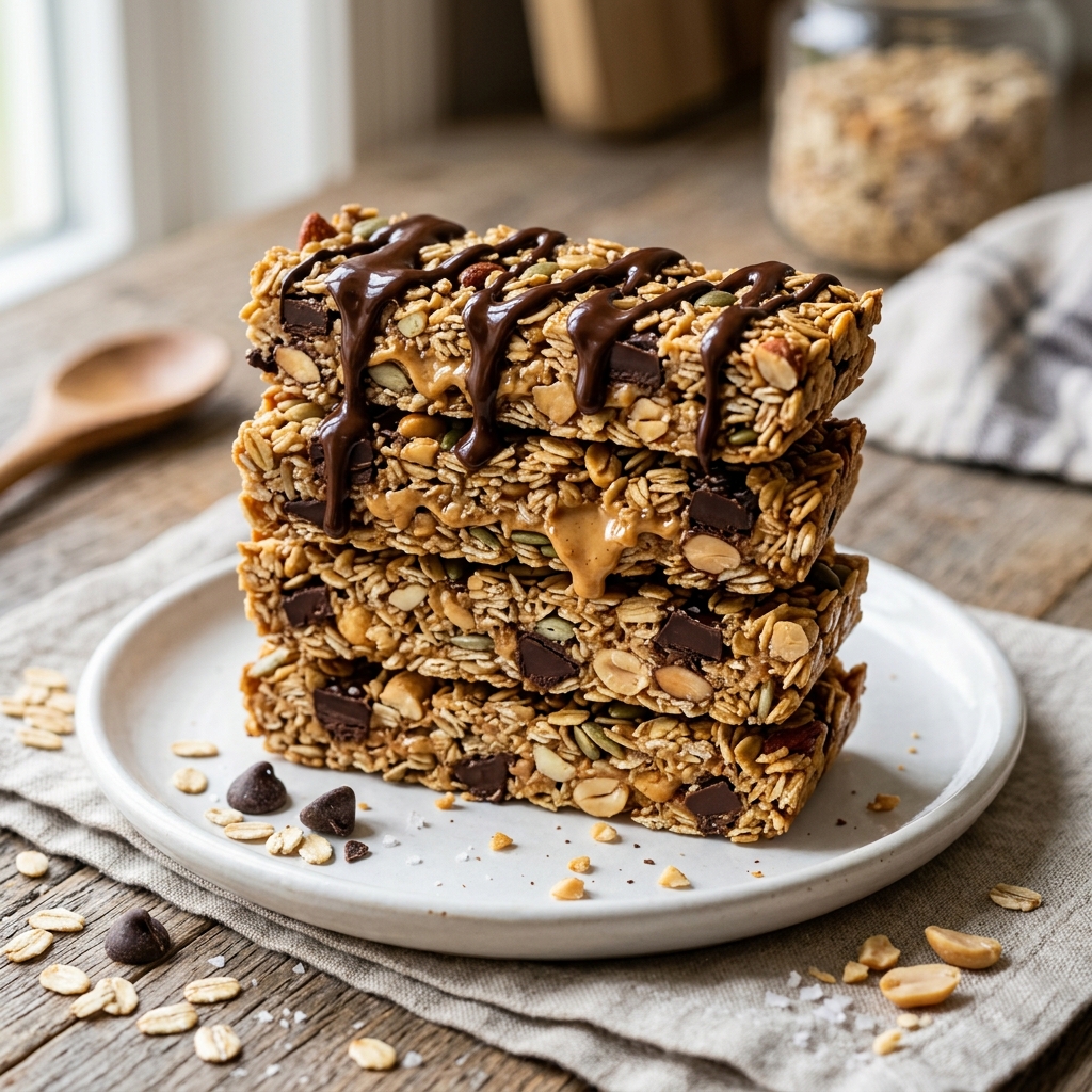 Homemade Granola Bars with Peanut Butter and Dark Chocolate